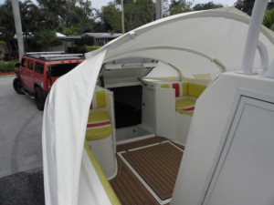 Concept Cuddy 34' center console boat shade with The Element bow dodger, boat tent, bow shelter canvas cabin